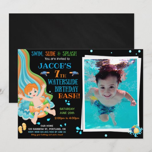 Foto van Waterslide verjaardagsuitnodiging Splish  Kaart (Voorkant / Achterkant)