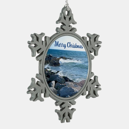 Foto van Wavy Atlantic Ocean Blue Tin Sneeuwvlok Ornament (Links)