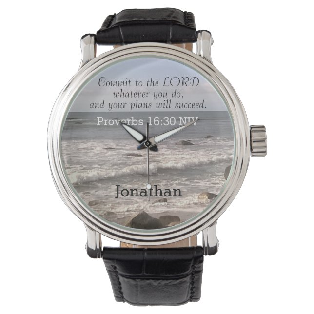 Foto van Wavy Ocean Shore Proverbs Bijbelverse Horloge (Voorkant)