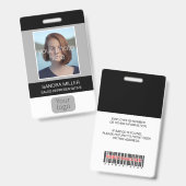 Foto van werknemer, logo, streepjescode, naam, badge (Voor- en achterkant)