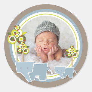 Foto van Whimsical Blue Elephants Family Baby Ronde Sticker