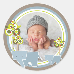 Foto van Whimsical Blue Elephants Family Baby Ronde Sticker