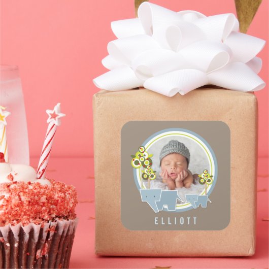 Foto van Whimsical Blue Elephants Family Baby Vierkante Sticker (Feest)