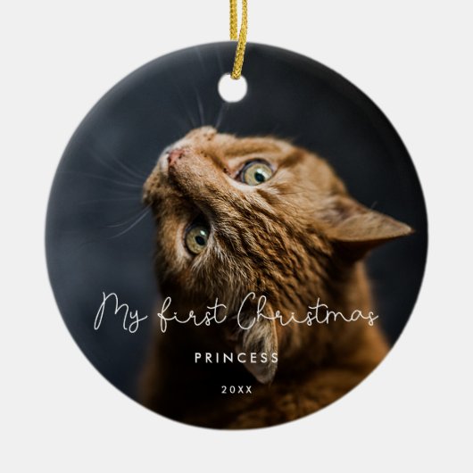 Foto van whimsical script Pet First met kerstfoto Keramisch Ornament (Voorkant)