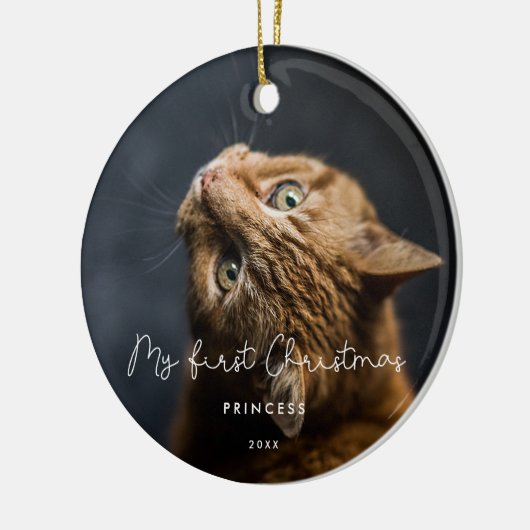 Foto van whimsical script Pet First met kerstfoto Keramisch Ornament (Links)