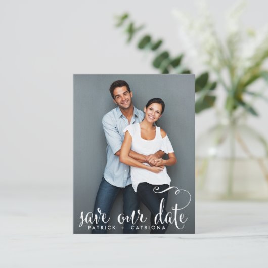 Foto van whimsical Script Save Our Date Briefkaart (Staand voorkant)
