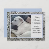 Foto van White Dog met Papa Winter Sneeuw Kerstmis Feestdagenkaart (Voorkant / Achterkant)