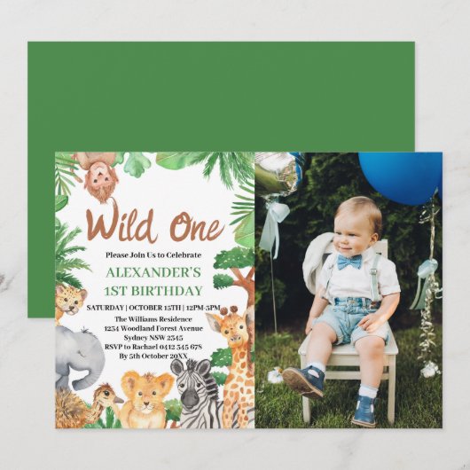 Foto van wilde jungle-safari-dieren voor 1e verjaa kaart (Voorkant / Achterkant)