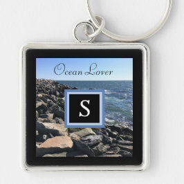 Foto van Zee Waves en Rocks Initiaal Lijst Black Sleutelhanger