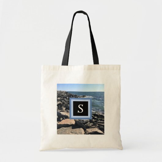 Foto van Zee Waves en Rocks Initiaal Lijst Black Tote Bag (Voorkant)