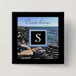 Foto van Zee Waves en Rocks Initiaal Lijst Black Vierkante Button 5,1 Cm