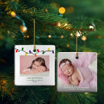 Foto van zuster's eerste kerstfoto keramisch ornament<br><div class="desc">Zuster's Eerste Kerstmis is de perfecte keuze voor baby's eerste Kerstmis. Cute, Moderne, maar Robuuste kerstfeestdag Ornamenten voor het vierkant kerstfeest met een kleurrijke reeks kerstlampen in festief rood, groen, geel en goud! Voeg 2 van je favoriete foto's toe voor het perfecte ornament! Neem contact met ons op via cedarandstring@gmail.com...</div>