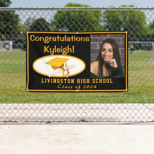 Foto van zwart-wit en goudvinyl Afstuderen Spandoek (Insitu)