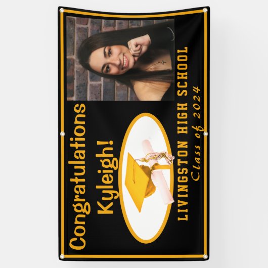 Foto van zwart-wit en goudvinyl Afstuderen Spandoek (Verticaal)