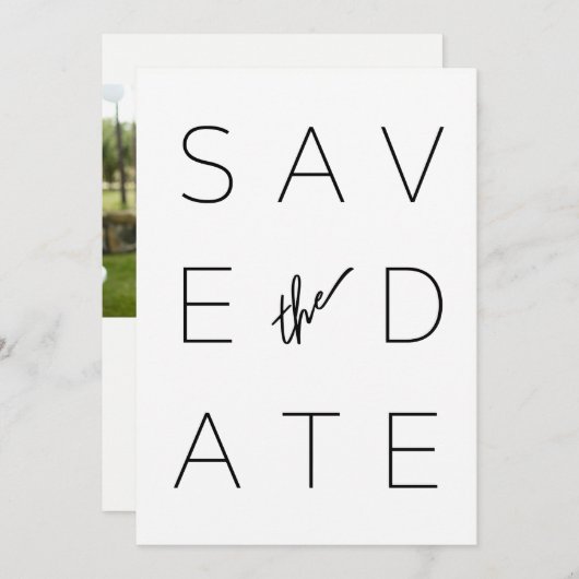 Foto van zwart-wit modern, minimalistisch script save the date (Voorkant / Achterkant)