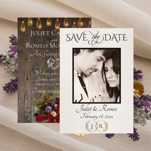 Foto, veldbloemen & bladmonogram - Rood Save The Date