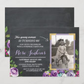 Foto Verjaardag Bloemen Rustiek Krijt Paarse Uitno Kaart (Voorkant / Achterkant)