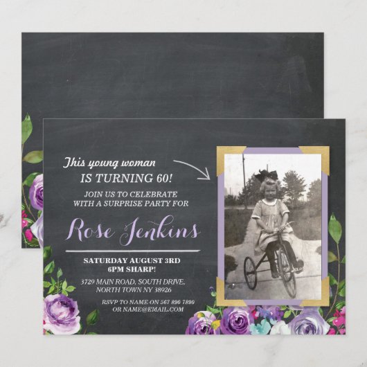 Foto Verjaardag Bloemen Rustiek Krijt Paarse Uitno Kaart (Voorkant / Achterkant)