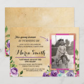 Foto Verjaardag Bloemen Rustiek  Paarse Uitnodigen Kaart (Voorkant / Achterkant)