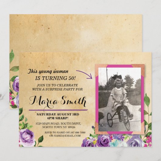 Foto Verjaardag Bloemen Rustiek  Paarse Uitnodigen Kaart (Voorkant / Achterkant)