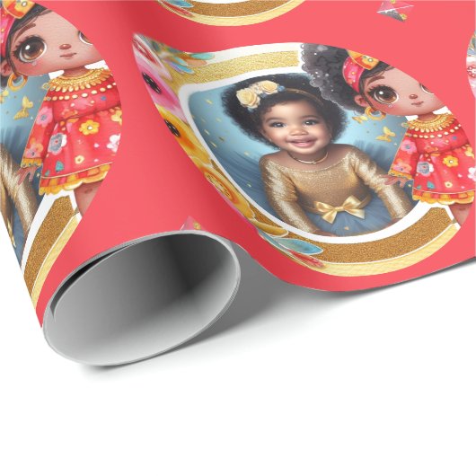 Foto Verjaardag Kleine Zwarte Fee Rood Goud Cadeaupapier (Rol Hoek)