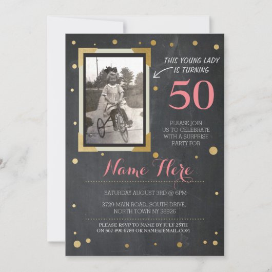 Foto Verjaardag stijl Chalk Gold Invitation Kaart (Voorkant)