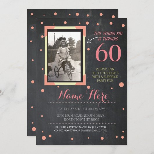 Foto Verjaardag stijl Chalk Pink Invitation Kaart (Voorkant / Achterkant)