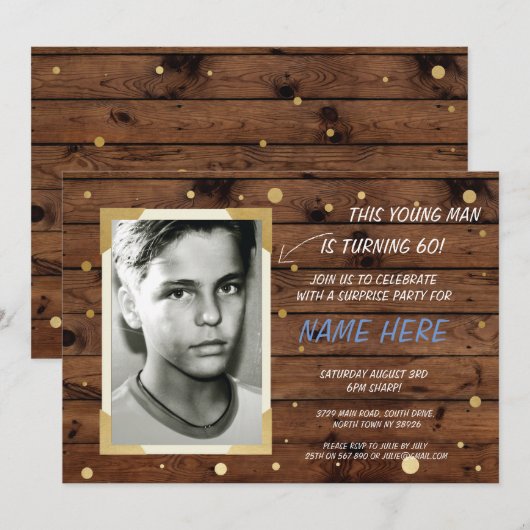 Foto Verjaardag stijl Hout Uitnodigen 40e 60e Kaart (Voorkant / Achterkant)