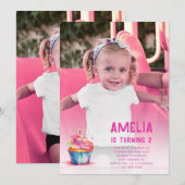 Foto Verjaardag Uitnodigen Meisje Roze Cupcake Uit Kaart (Voorkant / Achterkant)