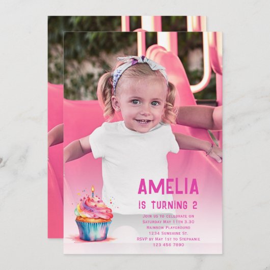Foto Verjaardag Uitnodigen Meisje Roze Cupcake Uit Kaart (Voorkant / Achterkant)