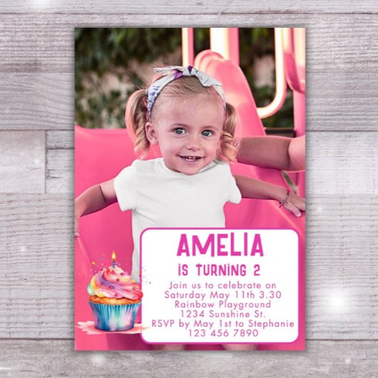 Foto Verjaardag Uitnodigen Meisje Roze Cupcake Uit Kaart