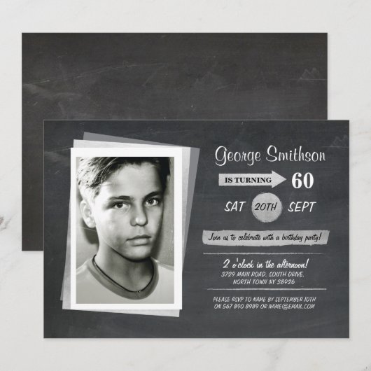 Foto Verjaardag Zilver Zwart Wit Uitnodigen Kaart (Voorkant / Achterkant)