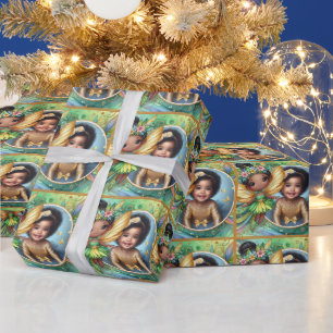 Foto Verjaardag Zwarte Fee Schattig Groen Geel Gou Cadeaupapier