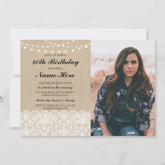 Foto Verjaardagsfeest 40e 50e rustieke Burlap Kant Kaart (Voorkant)