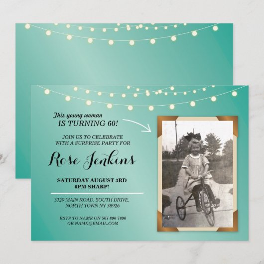 Foto Verjaardagsfeest Blauwgroen String Lights Uit Kaart (Voorkant / Achterkant)