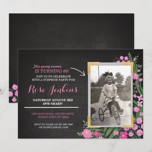 Foto Verjaardagsfeest Roze Bloemen Elke Leeftijd U Kaart (Voorkant / Achterkant)