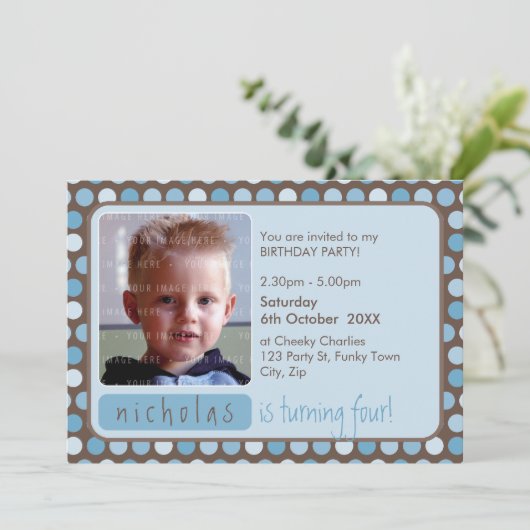 FOTO VERJAARDAGSFEEST UITNODIGT :: spotty 5L Kaart (Staand voorkant)