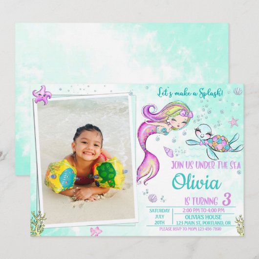 Foto: verjaardagsfeestdag voor zeemeerminnen en sc kaart (Voorkant / Achterkant)