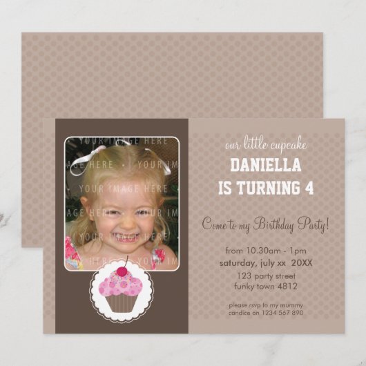 FOTO VERJAARDAGSFEESTJE UITNODIGT :: cupcake 7L Kaart (Voorkant / Achterkant)