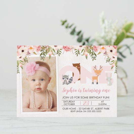 Foto Verjaardagsuitnodiging Bosdieren 1e Verjaarda Kaart (Staand voorkant)