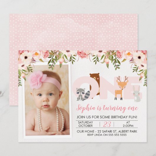 Foto Verjaardagsuitnodiging Bosdieren 1e Verjaarda Kaart (Voorkant / Achterkant)