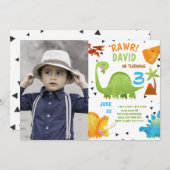 Foto verjaardagsuitnodiging jongen dinosaurus kaart (Voorkant / Achterkant)