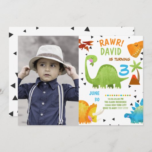 Foto verjaardagsuitnodiging jongen dinosaurus kaart (Voorkant / Achterkant)