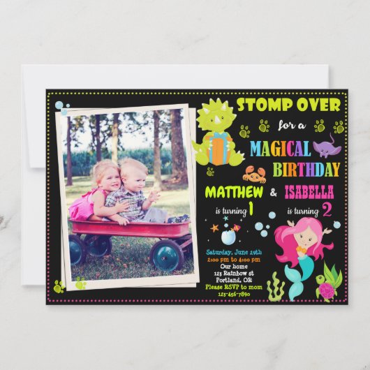 Foto verjaardagsuitnodiging voor Mermaid en Dinosa Kaart (Voorkant)