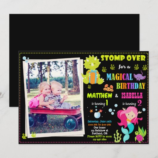 Foto verjaardagsuitnodiging voor Mermaid en Dinosa Kaart (Voorkant / Achterkant)