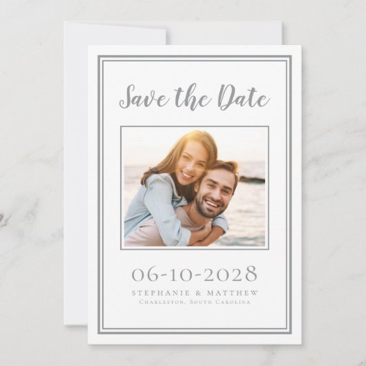 Foto Verloving Weddenschap Simple Grey White Save The Date (Voorkant)