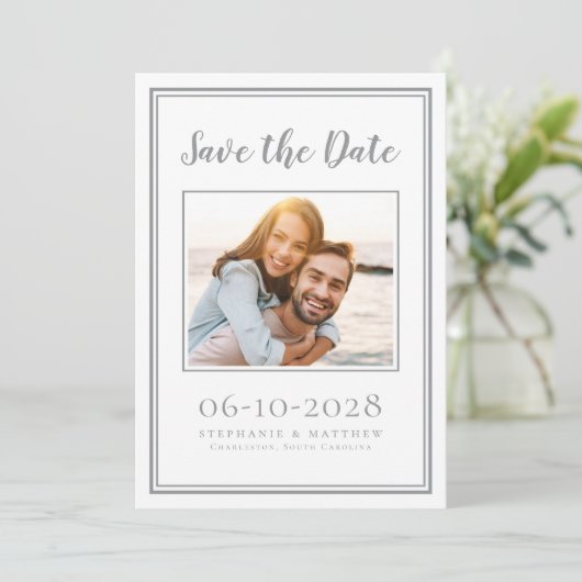 Foto Verloving Weddenschap Simple Grey White Save The Date (Staand voorkant)