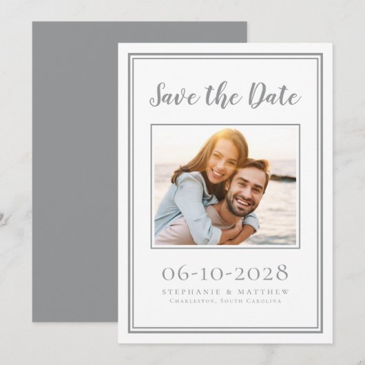 Foto Verloving Weddenschap Simple Grey White Save The Date (Voorkant / Achterkant)