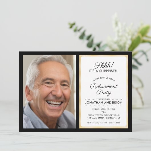 Foto Verrassing Pensioen Partij | Zwart en Goud Kaart (Staand voorkant)