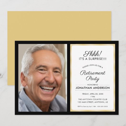 Foto Verrassing Pensioen Partij | Zwart en Goud Kaart (Voorkant / Achterkant)